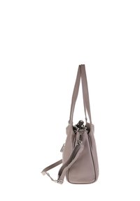 Borsa a mano in pelle grigia con due manici, zip superiore e finitura testurizzata. Presenta una tasca laterale con accessori in metallo.