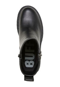 Schwarze Leder-Ankle Boots mit glatter Oberfläche, abgerundeter Zehenpartie, seitlichem Reißverschluss und Logo-Muster im Inneren. Enthält eine strukturierte Zuglasche an der Rückseite.
