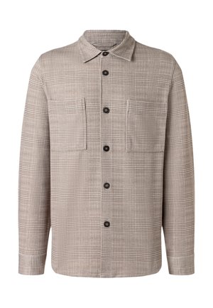 Beige ruudullinen pitkähihainen napillinen paita, jossa on kaksi suurta rintataskua ja terävä kaulus.