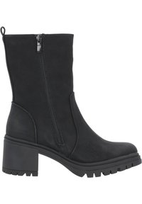Svarta ankelfodrade stövlar med en kraftig klack, gjorda av texturerat syntetiskt material, med en sidodragkedja och en grov sula.