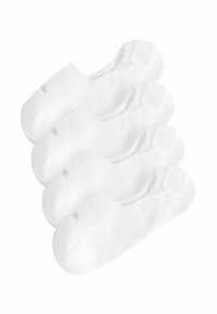 White no-show socks made of soft fabric, featuring a low-cut design, smooth texture, and reinforced toe with minimal branding. Four pairs included.