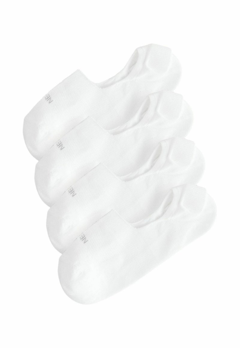 White no-show socks made of soft fabric, featuring a low-cut design, smooth texture, and reinforced toe with minimal branding. Four pairs included.