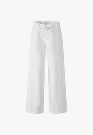 White wide-leg trousers made of denim, featuring a drawstring waist, front pockets, and a button closure. Smooth texture and plain design.