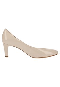 Escarpin en cuir verni beige poli avec un bout pointu et un talon modéré, présentant une texture lisse et un design minimaliste.
