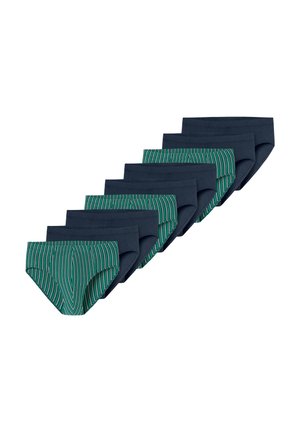 Set van tien herenslips met afwisselend effen marineblauw en marineblauw met groene en witte verticale strepen.