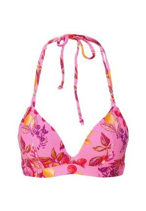 Vaaleanpunainen bikiniyläosa, jossa oranssin ja purppuran värisiä kukkakuvioita. Kolmion muotoinen, solmittavat hihnat ja strukturoitu kangas.