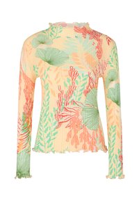 Langärmliges Oberteil mit geripptem Muster, das florale Motive in Grün, Koralle und Pfirsich auf einem blassen Gelben Hintergrund zeigt. Rüschen an den Bündchen und am Halsauschnitt.