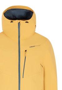 Geel waterdicht jack met een hoge kraag, rits aan de voorkant en een borstzak. Beschikt over blauwe accenten en een soepele, matte textuur.