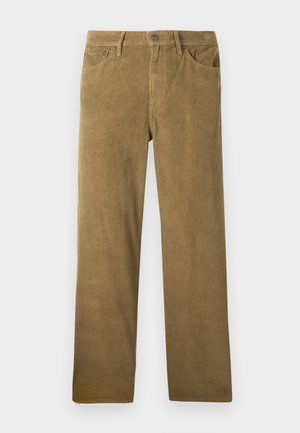 Pantalones de pana en color caqui con corte recto, presentan una textura de costillas verticales, pasadores para cinturón y bolsillos frontales.