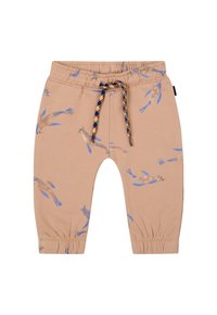 Beige katoenen joggingbroeken met een speels blauw visprint, elastische tailleband en geribde manchetten. Voorzien van een blauwe en oranje trekkoord.