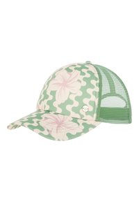 Keps med grön bas och en vågig mönstring samt rosa blommiga detaljer. Baksidan har ett nätmönster för andningsförmåga.
