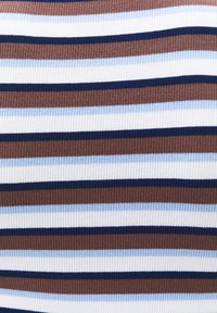 Primo piano di un tessuto a coste con strisce orizzontali in marrone, blu navy, azzurro e bianco.