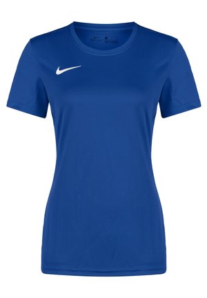 Blue short-sleeve athletic T-shirt with white Nike swoosh logo on the right chest, made of moisture-wicking Dri-FIT fabric.