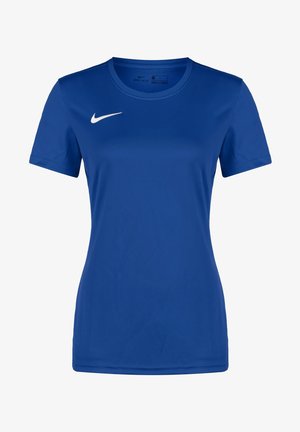 T-shirt de sport bleu à manches courtes avec logo Nike Swoosh blanc sur la poitrine droite, fabriqué en tissu Dri-FIT anti-transpiration.