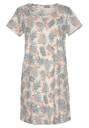 Kurzes, ärmelloses Kleid aus weichem Stoff mit floralem Muster, das pinke Blumen und grüne Blätter auf einem hellbeigen Hintergrund zeigt.