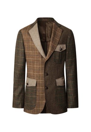 Bruine geruite blazer van gestructureerde stof. Voorzien van contrasterende beige revers, meerdere zakken en bruine knopen voor sluiting.