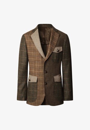 Brązowa marynarka w kratę wykonana z teksturowanej tkaniny. Posiada kontrastowe beżowe klapy, liczne kieszenie oraz brązowe guziki do zapięcia.