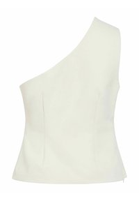 Haut blanc asymétrique à une épaule sans manches, avec une taille ajustée et un tissu lisse, conçu pour un look élégant et asymétrique.