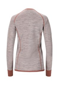 Grå långärmad tröja med ett texturerat mönster, med kontrasterande rostfärgade detaljer längs sömmar och manschetter.