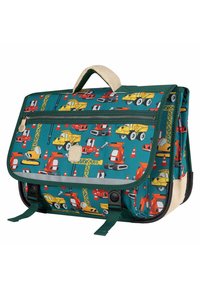 Blauw-groene schoudertas met een patroon van constructievoertuigen. De materialen omvatten stof met duurzame riemen en een flapsluiting.