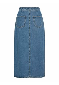 Jeans-Midirock in Hellblau mit gerader Silhouette, aufgesetzten Gesäßtaschen und einer dezenten Struktur mit Bund.