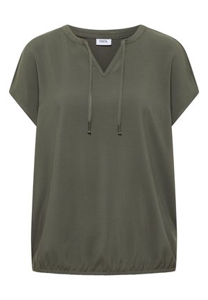 Olijfgroene blouse met korte mouwen, V-hals en een aantrekkoord, losse pasvorm met elastische zoom.