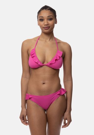 Ružový bikiny set s volánikovými detailmi na topi a spodnej časti. Vyrobený z hladkého, elastického materiálu s dizajnom na viazanie za krkom.