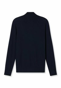 Marineblaue, gestrickte Strickjacke mit langen Ärmeln, geripptem Kragen und Bündchen sowie schlichter Struktur. Verfügt über einen geraden Saum an der Taille.