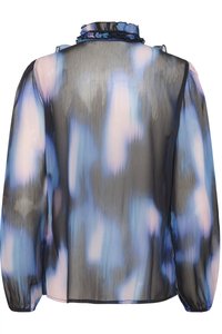 Sheer black blouse with a ruffled collar, featuring a watercolor pattern of blue and pink hues, and long sleeves with elastic cuffs.