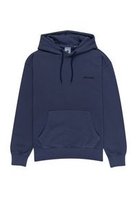 Sudadera azul marino de algodón suave, con un bolsillo tipo canguro en la parte delantera, capucha con cordón y un pequeño logo negro en el pecho.