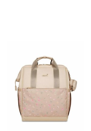 Beiger Rucksack mit floralem Muster, zwei oberen Tragegriffen, vorderer Reißverschlusstasche, Seitentasche und goldfarbenen Reißverschlussakzenten.