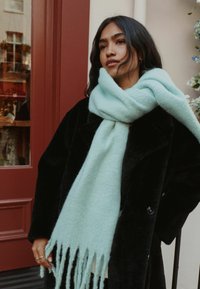 Cappotto di lana nera con due bottoni e rever, abbinato a una sciarpa franata azzurro chiaro realizzata in tessuto morbido. Lo sfondo presenta una porta rossa.