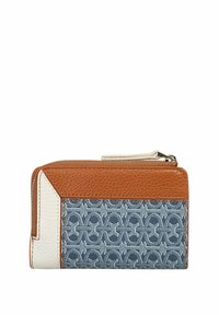 Portafoglio in pelle marrone e bianca con una sezione a motivo blu caratterizzata da forme intrecciate, chiusura a zip e forma rettangolare.