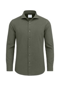 Donkergroene blouse met lange mouwen van een gladde geweven stof, met een klassieke kraag, voorzien van een knoopsluiting aan de voorkant en bijpassende knopen.
