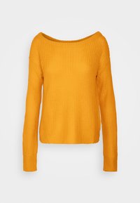 Pull jaune tricoté avec un large décolleté bateau, manches longues, texture côtelée et ourlet raccourci. Aucun motif ou accent visible.