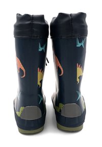 Rubber boots with a glossy navy surface, featuring colorful sea creature patterns. Black cuff, gray sole, and textured bottom for grip.