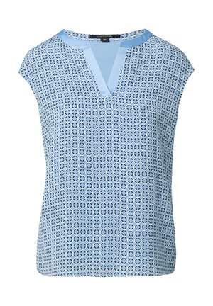 Top senza maniche di colore blu chiaro con scollatura a V, caratterizzato da un motivo geometrico e rifiniture in raso al collo. Realizzato in tessuto traspirante con una vestibilità comoda.