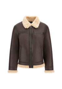 Giubbotto di pelle marrone con colletto e polsi in finta pelliccia color sabbia; presenta una zip frontale e una vestibilità strutturata.
