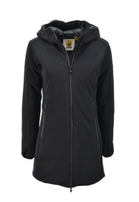 Zwarte waterdichte jas met capuchon, rits aan de voorkant, zijzakken, een gladde textuur en een lichtgewicht ontwerp, geschikt voor buitengebruik.