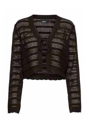 Cárdigan corto negro de crochet con mangas largas y cierre frontal con lazo, que presenta un patrón de agujeros abiertos en forma de cuadrados y óvalos.