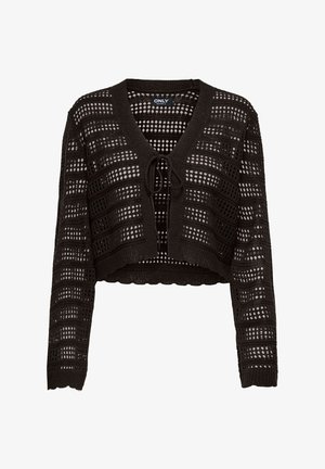 Cardigan court en tricot crochet noir avec manches longues et fermeture à nouer à l'avant, présentant un motif de trous carrés et ovales ouverts.