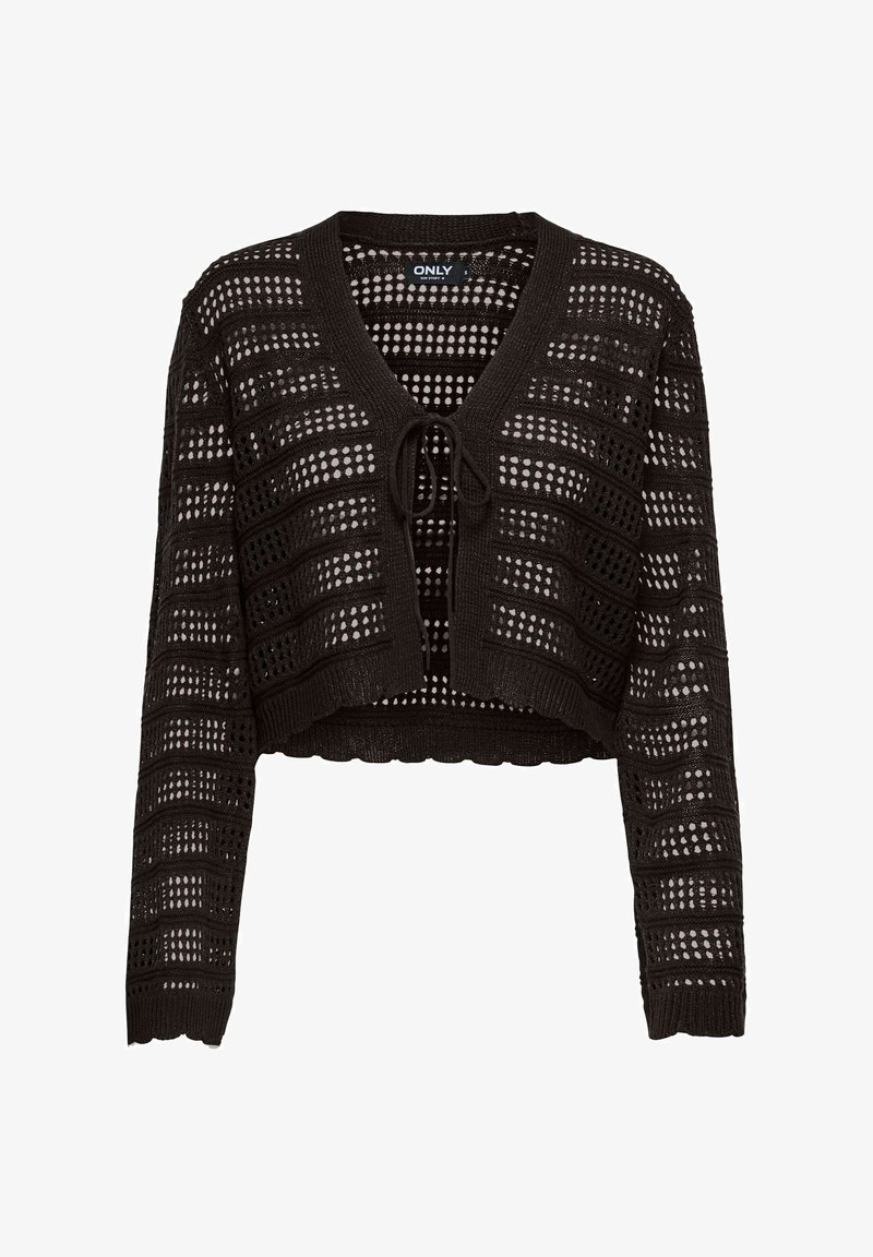 Černý háčkovaný krátký kardigan s dlouhými rukávy a zavazováním vpředu, zdobený vzorem otevřených čtvercových a oválných otvorů.
