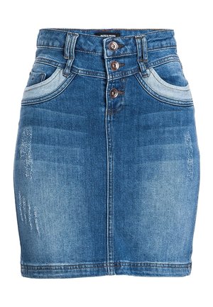 Blauwe denim rok met hoge taille, drie knopen aan de voorkant, verweerde plekken, versleten details en voorzakken met lussen voor een riem.