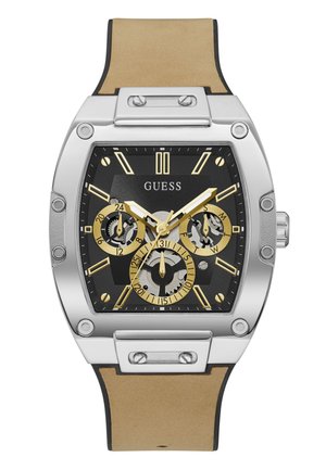 Prostokątny srebrny zegarek z czarną tarczą, złotymi akcentami, trzema subtarczami do pomiaru 24 godzin, daty, dnia i paskiem z beżowej skóry.