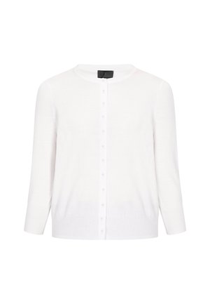 Bijela pletena kardigan s okruglim izrezom, rukavima do 3/4 dužine i prednjim kopčanjem na dugmadi s malim bijelim gumbima. Mekan na dodir.