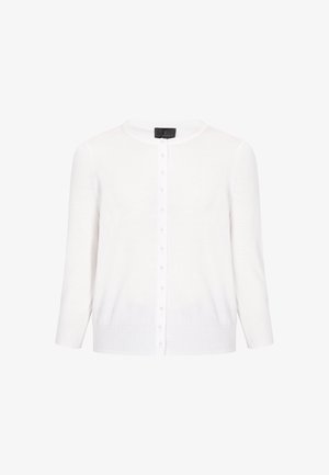 Bijela pletena kardigan s okruglim izrezom, rukavima do 3/4 dužine i prednjim kopčanjem na dugmadi s malim bijelim gumbima. Mekan na dodir.