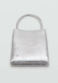 Silver metallic handbag with a smooth texture, rectangular shape, and a single curved handle. Minimalist design with no visible hardware details.