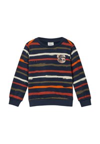 Sweter w paski w kolorze granatowym, z poziomymi pasami w odcieniach czerwieni, pomarańczu i oliwkowej zieleni. Posiada grafikę niedźwiedzia na piersi oraz ściągacze przy rękawach.