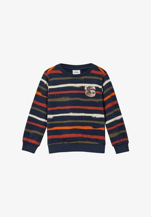 Gestreepte sweatvest in marineblauw, met horizontale strepen in rood, oranje en olijfgroen. Inclusief een berenafbeelding op de borst en geribde manchetten.
