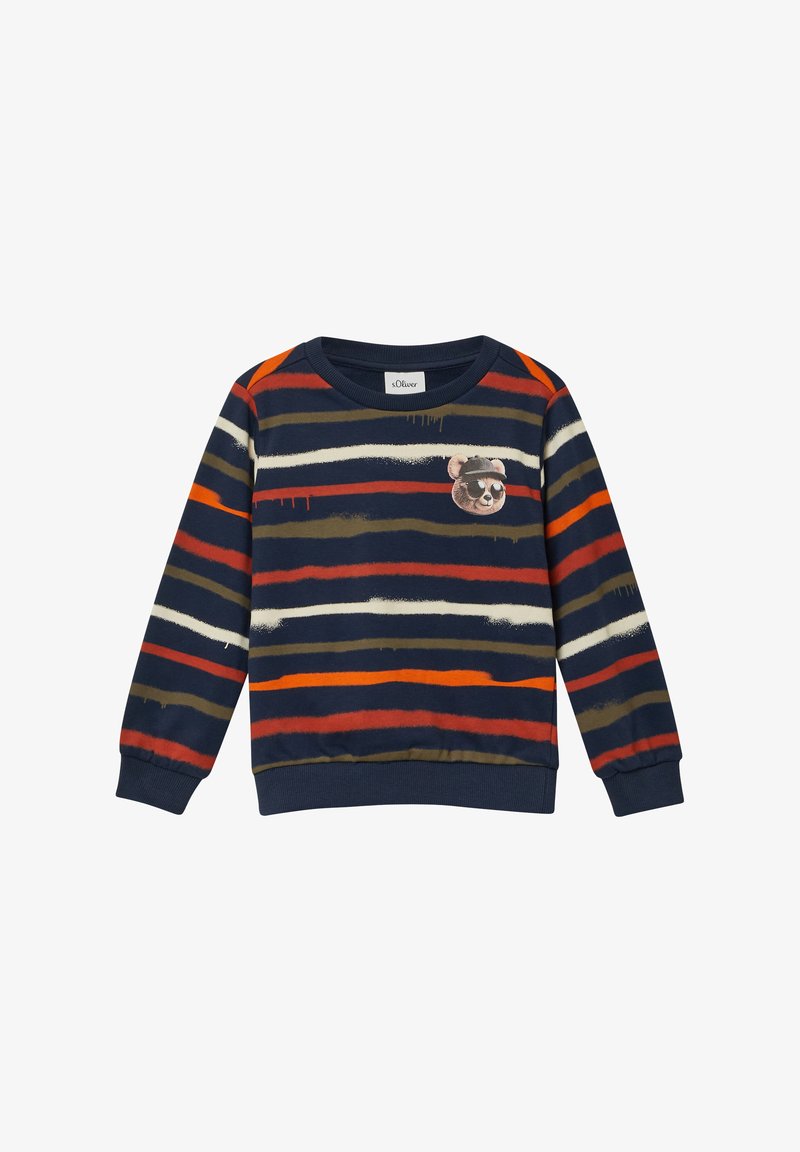 Felpa a righe in blu navy, con righe orizzontali rosse, arancioni e verde oliva. Include una grafica di un orso sul petto e polsini a costine.